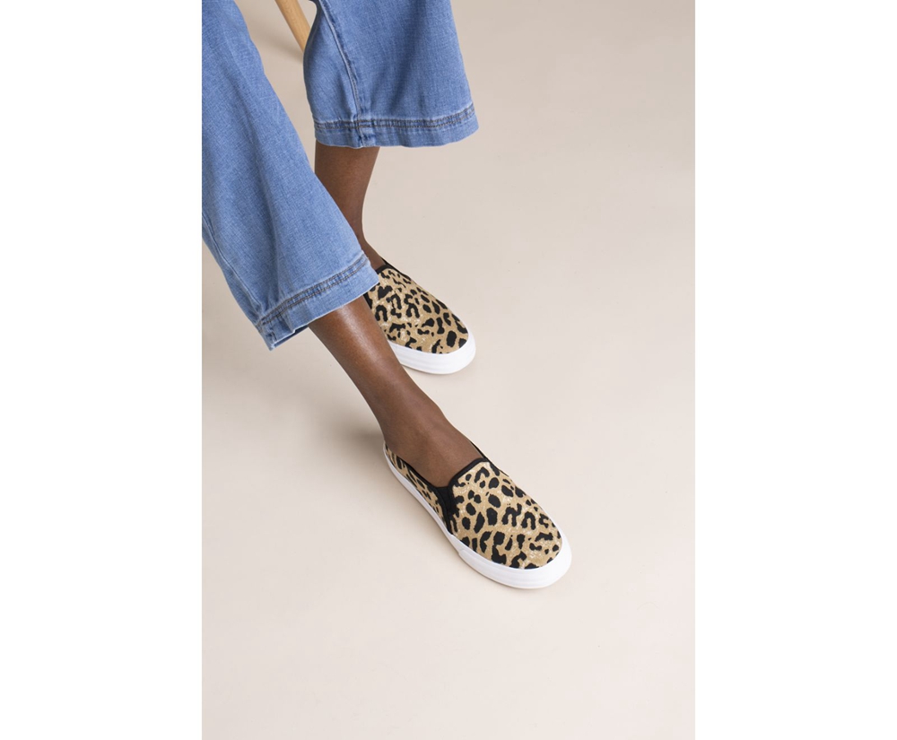 Womens Keds Slip Ons - Double Decker Leopard - Brown - 1872-BVEUX